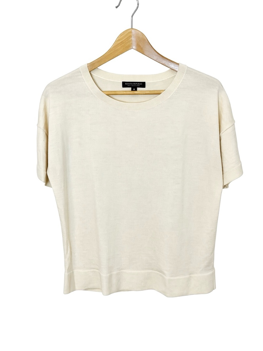 Banana Republic Cream 100% Extra Fine Merino Wool Short Sleeve Sweater M